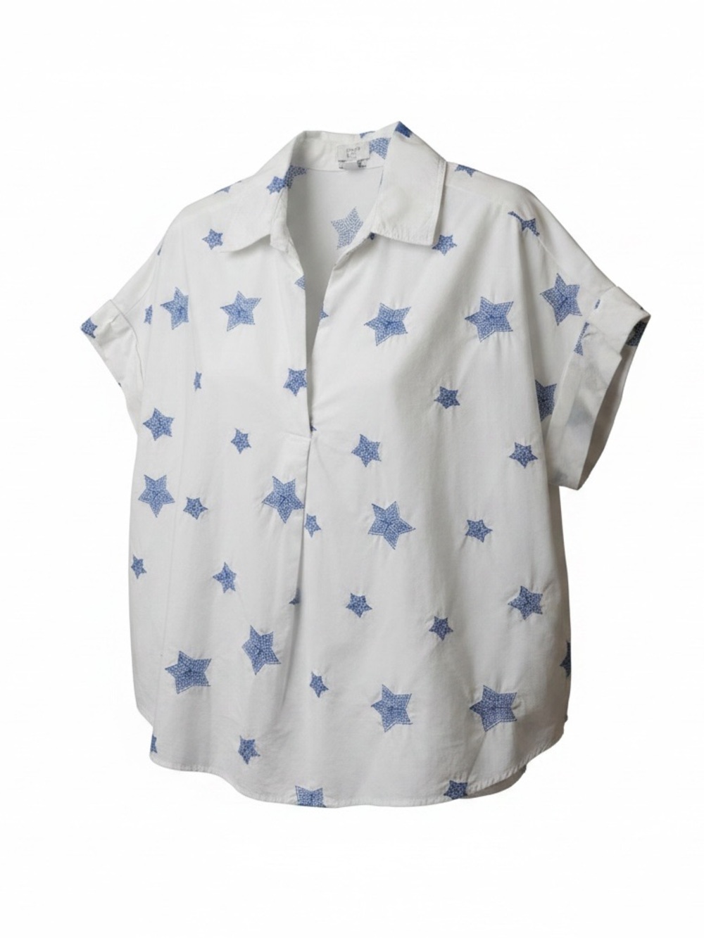 Preppy Cotton Crown & Ivy White Popover Top with Blue Star Embroidery